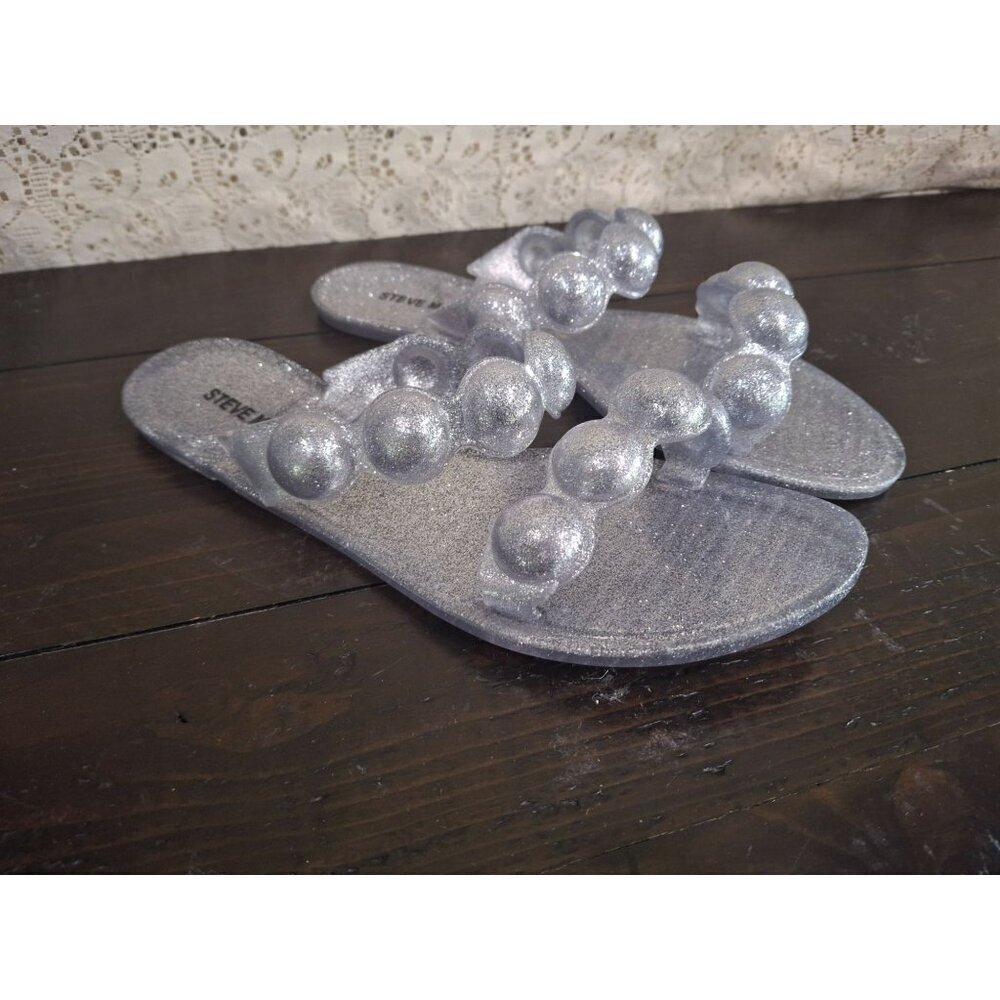 NWOB Steve Madden Zaza Silver Metallic Bubble Strap Slide Sandals/Size 6